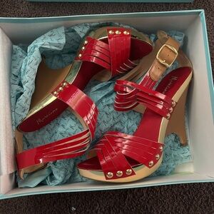 Marciano Red and Gold Strappy Heels